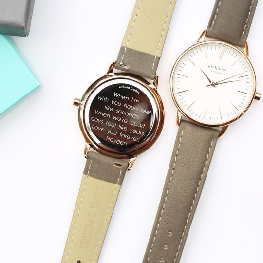 Ladies engraved watch with light Grey leather strap, gold detailing and white face By Sweetlea Gifts