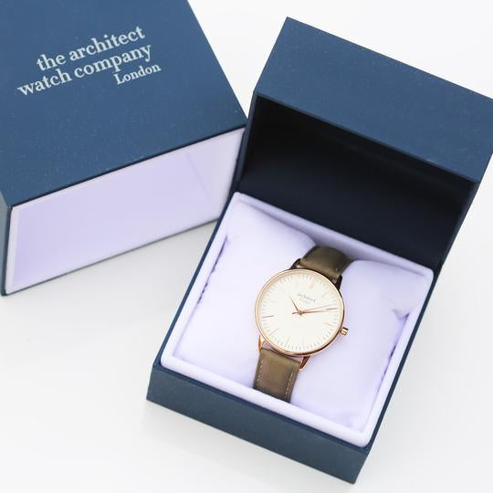 Ladies engraved watch with light Grey leather strap, gold detailing and white face in gift box By Sweetlea Gifts