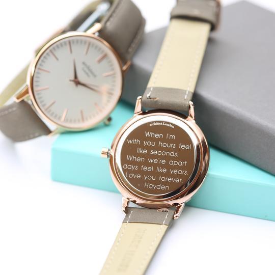 Ladies engraved watch with light Grey leather strap, gold detailing and white face By Sweetlea Gifts