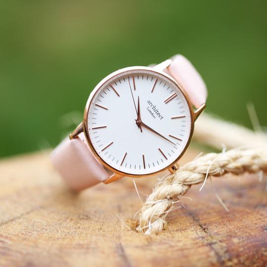 Ladies engraved watch with light pink leather strap, gold detailing and white face By Sweetlea Gifts