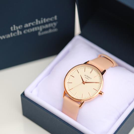 Ladies engraved watch with light pink leather strap, gold detailing and white face in gift box By Sweetlea Gifts