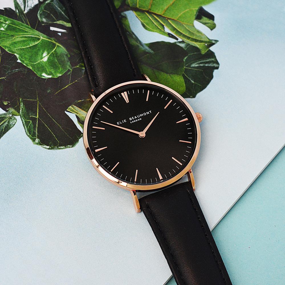 Ladies Personalised Black leather strap watch with Rose gold detailing By Sweetlea Gifts
