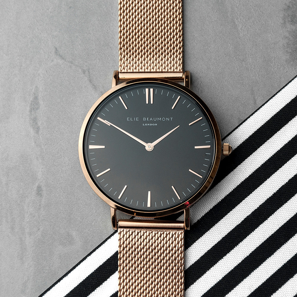 Ladies Rose Gold strap watch with Black dial  By Sweetlea Gifts