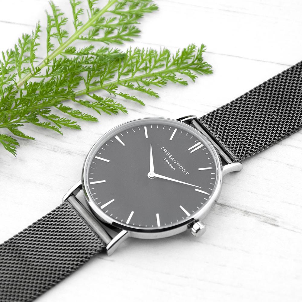Men's Metallic Charcoal Grey Personalised Watch With Black Face-Personalised Gift By Sweetlea Gifts