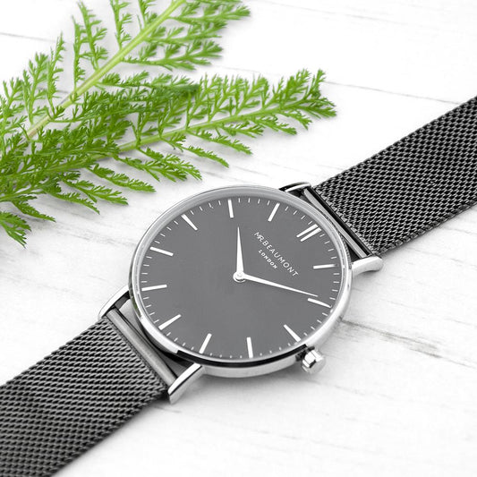 Men's Metallic Charcoal Grey Personalised Watch With Black Face-Personalised Gift By Sweetlea Gifts