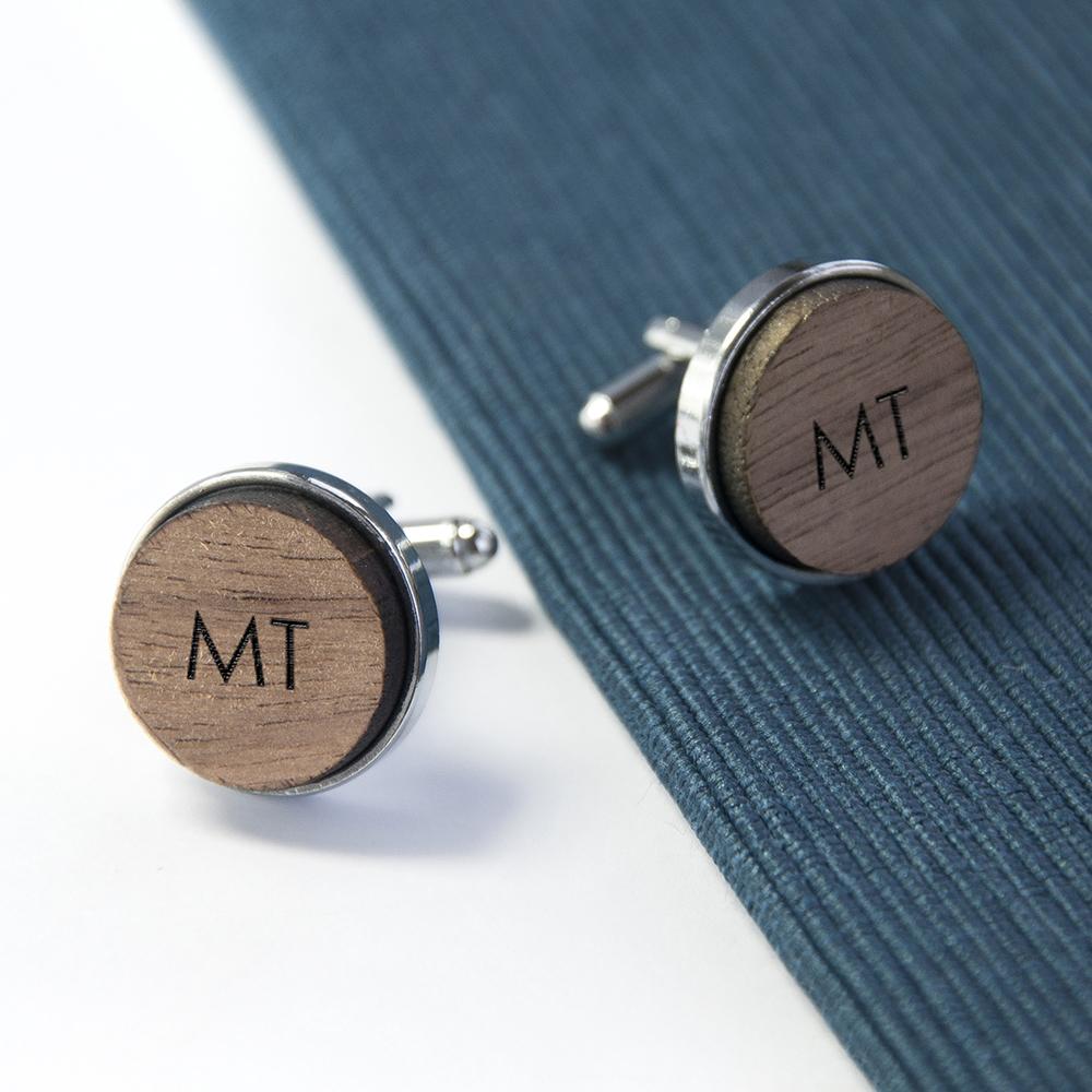 Monogram Engraved Round Walnut Cufflinks-Personalised Gift By Sweetlea Gifts