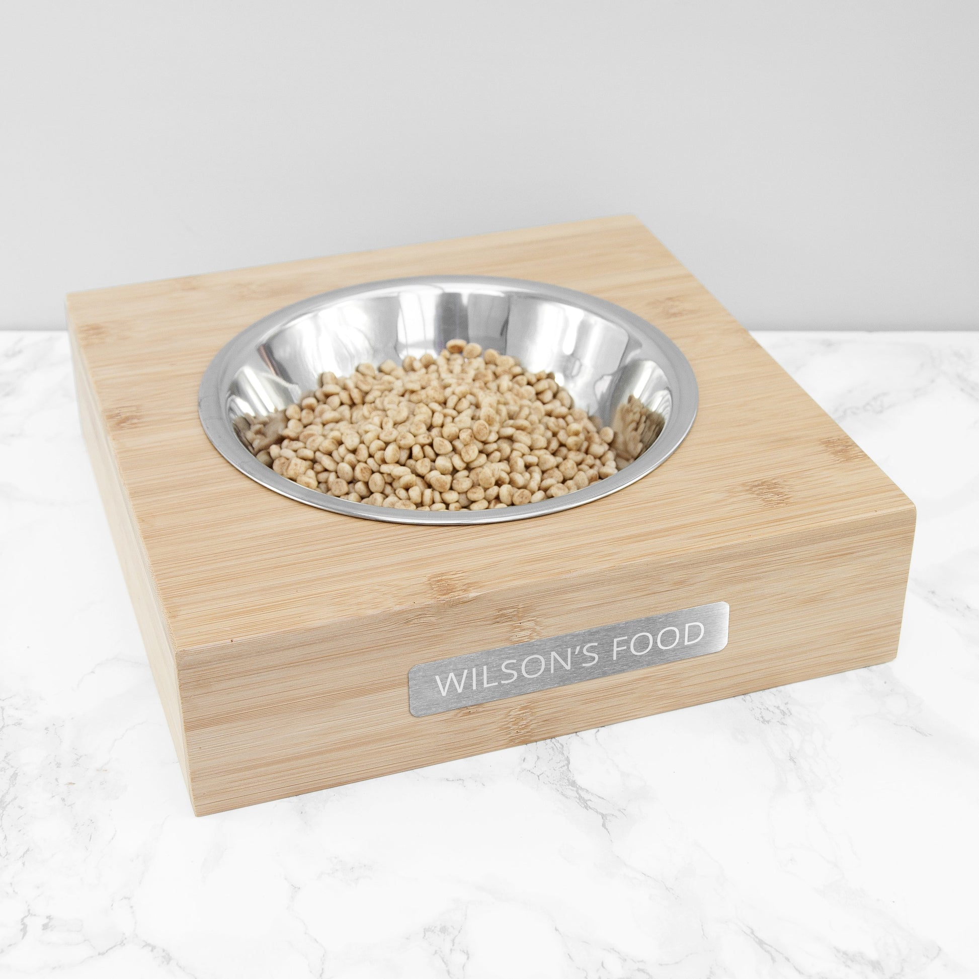 Bamboo base with stainless steel insert pet bowl personalised engraved metal tag By Sweetlea Gifts