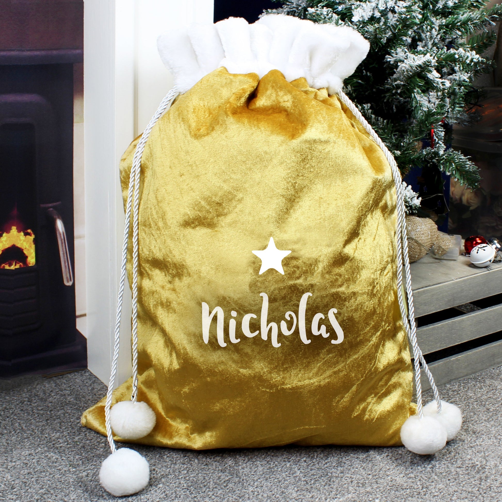 Personalised Name Only Gold Luxury Pom Pom Sack By Sweetlea Gifts