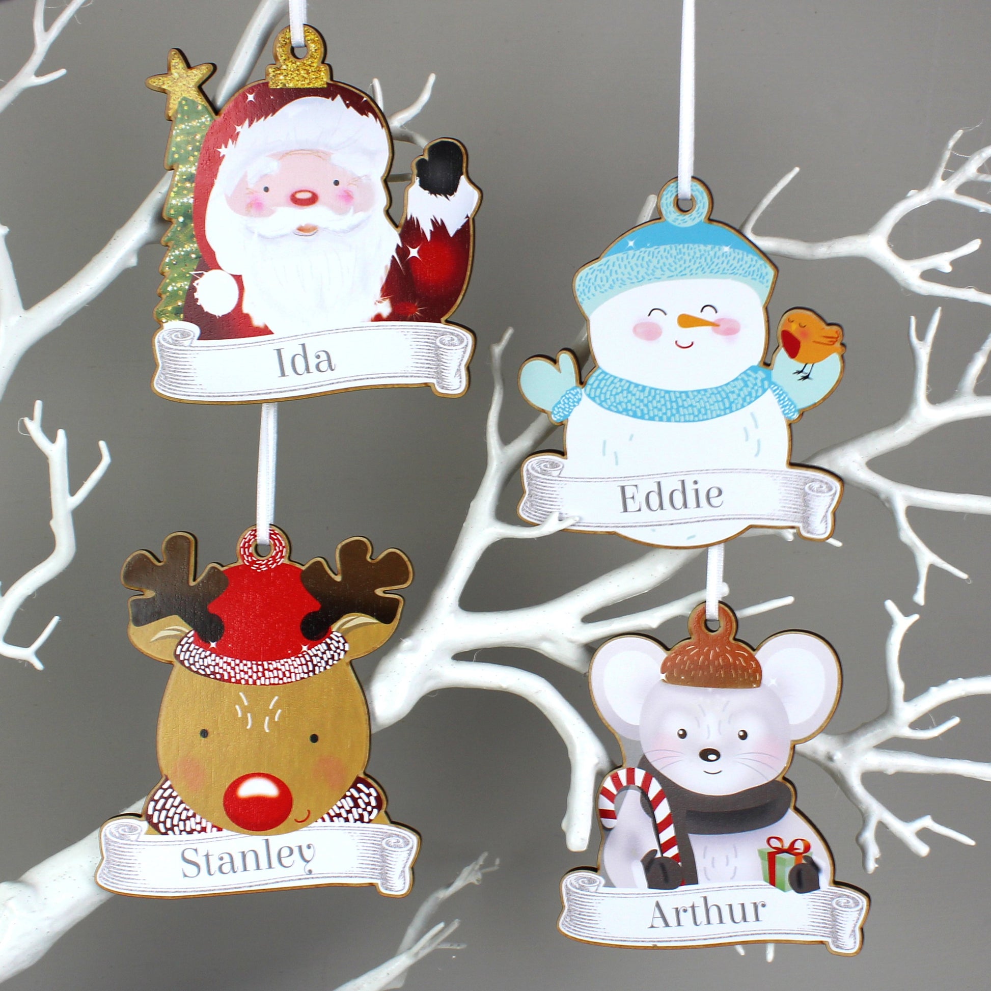 Personalised Set of Four Colourful Christmas Characters Wooden Hanging Decorations By Sweetlea Gifts