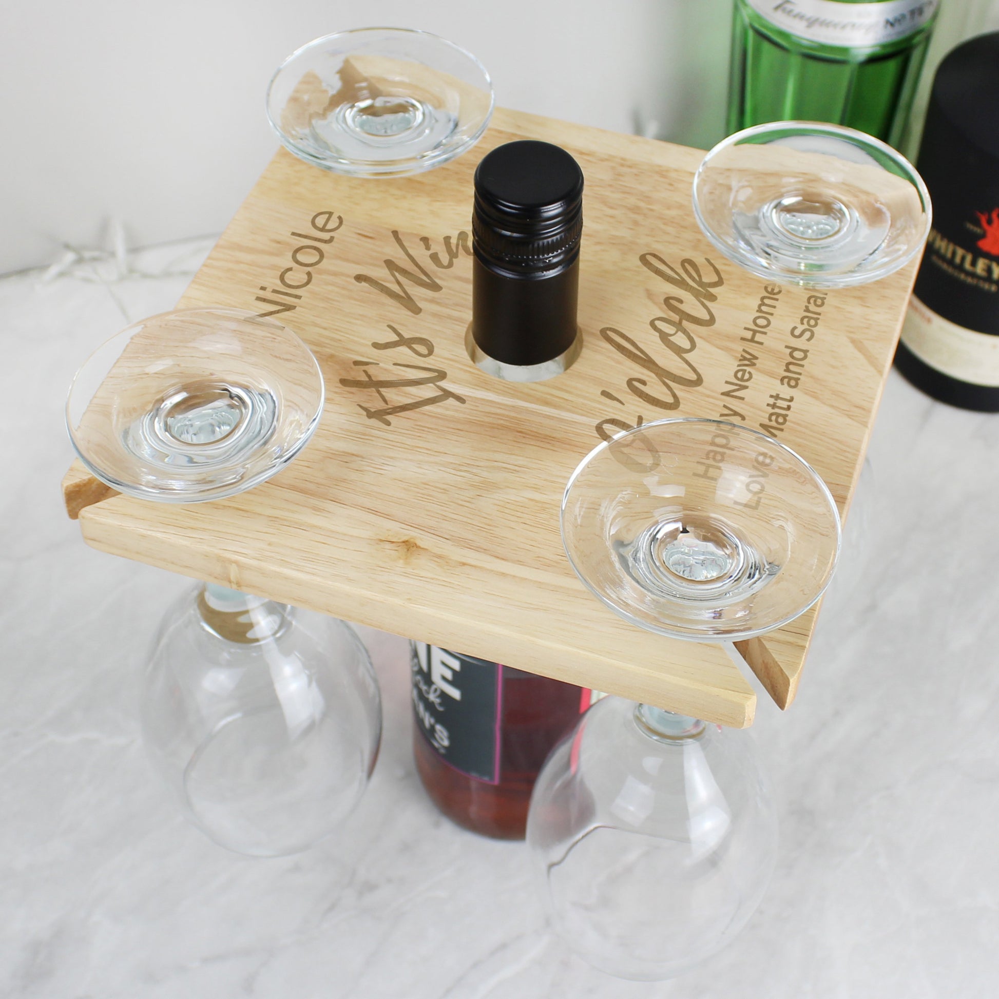 Personalised Wine O'clock Four Wine Glass Holder & Bottle Butler By Sweetlea Gifts