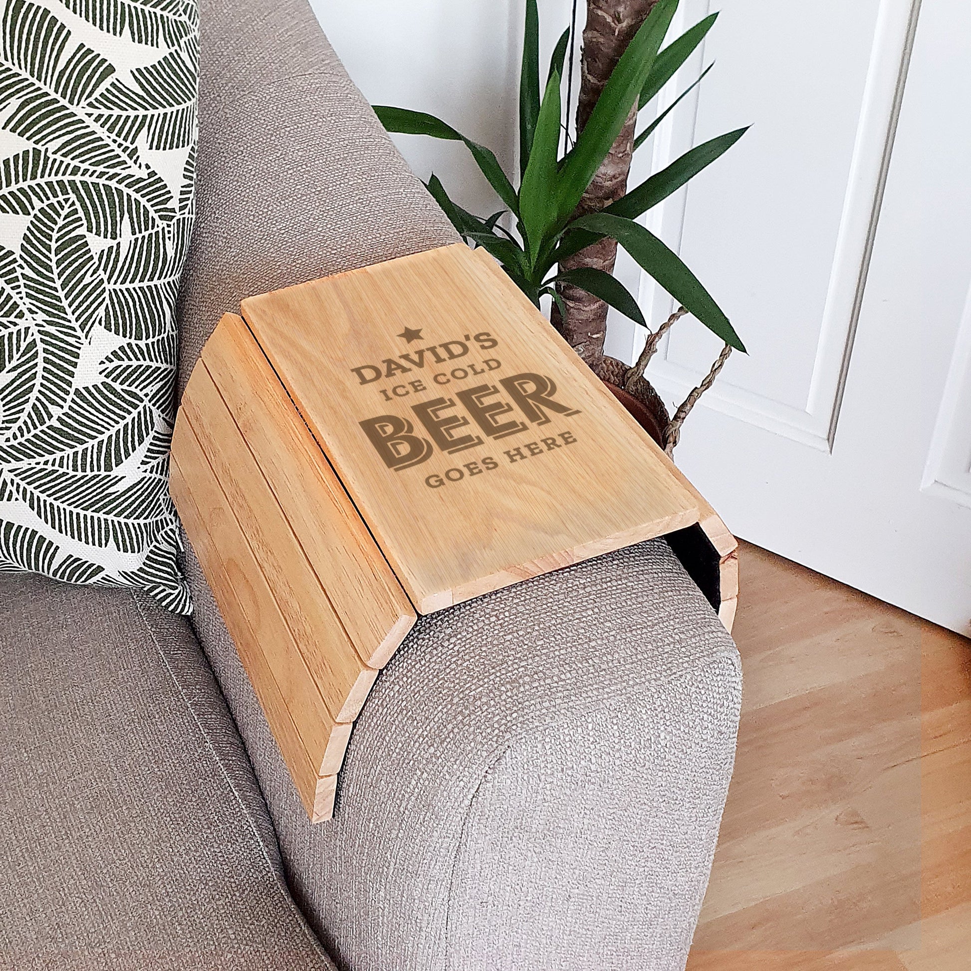 Personalised wooden sofa tray - Beer goes here-Personalised Gift By Sweetlea Gifts