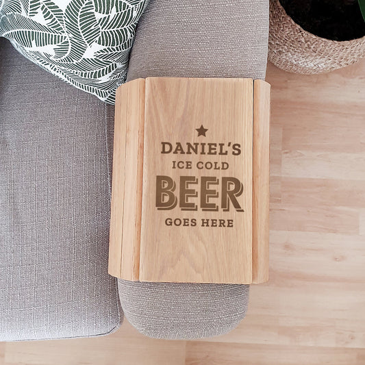 Personalised wooden sofa tray beer goes here By Sweetlea Gifts