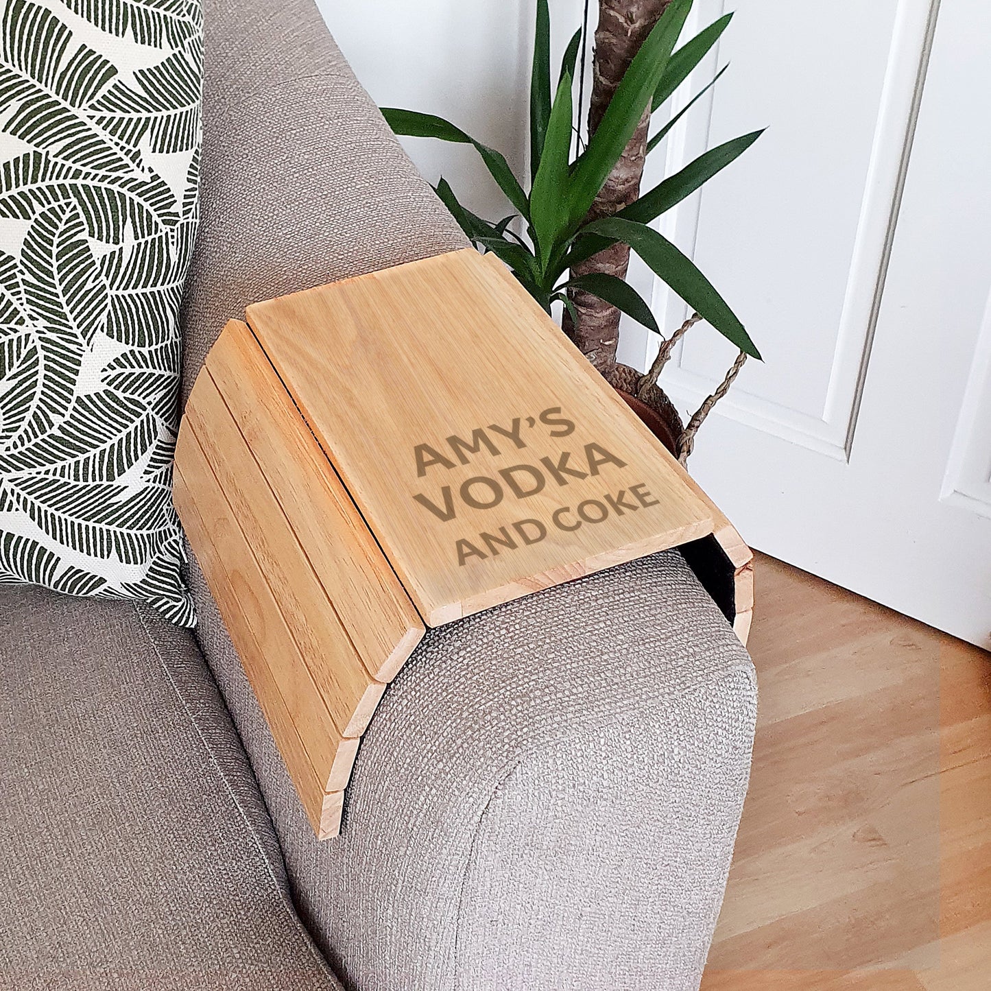 Personalised wooden sofa arm tray Vodka and coke By Sweetlea Gifts