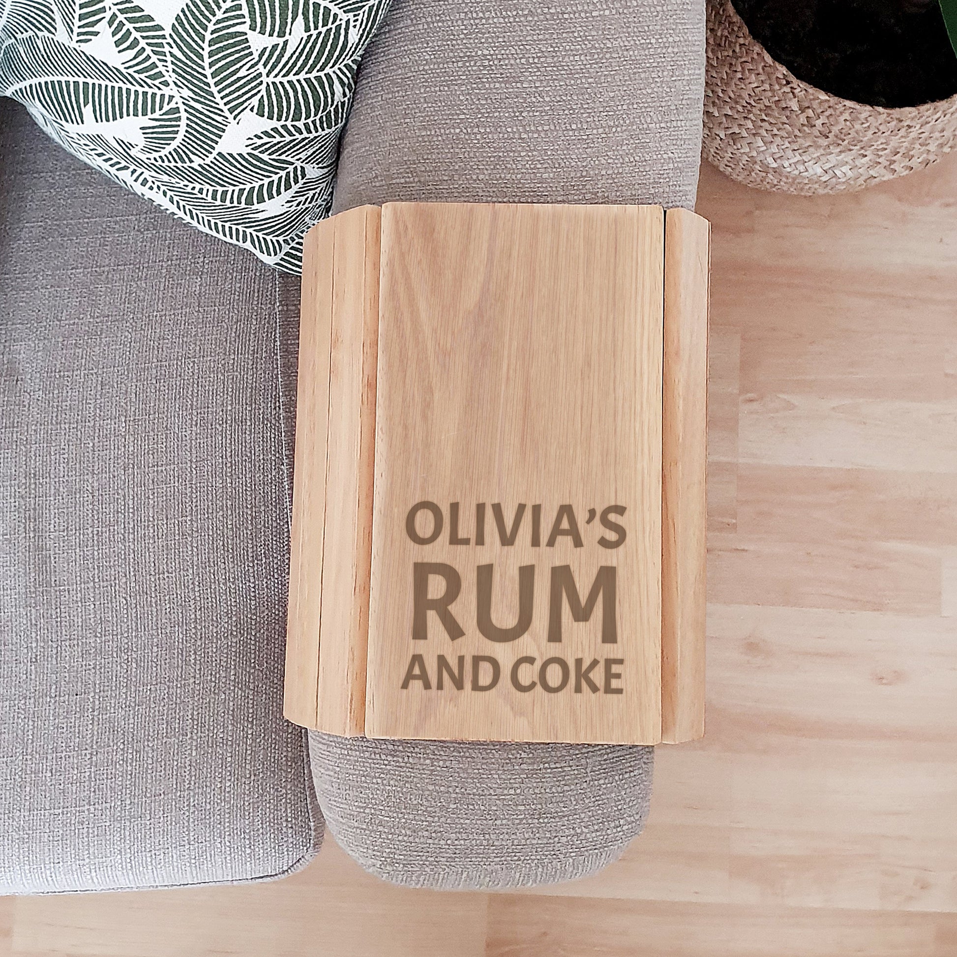 Personalised wooden sofa arm tray rum and coke By Sweetlea Gifts