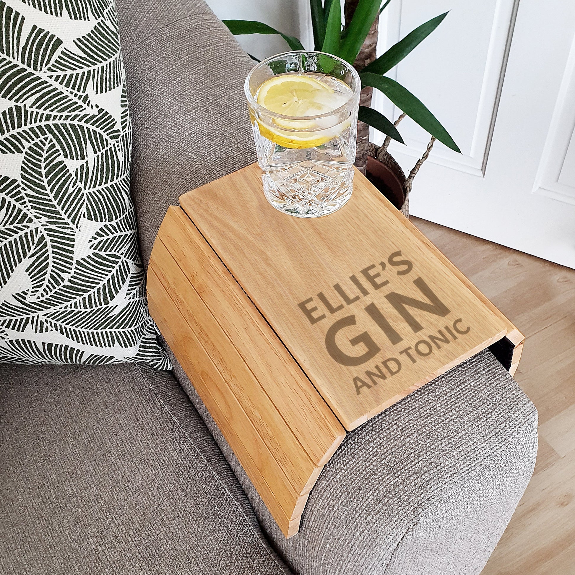 Personalised wooden sofa arm tray Gin and tonic By Sweetlea Gifts