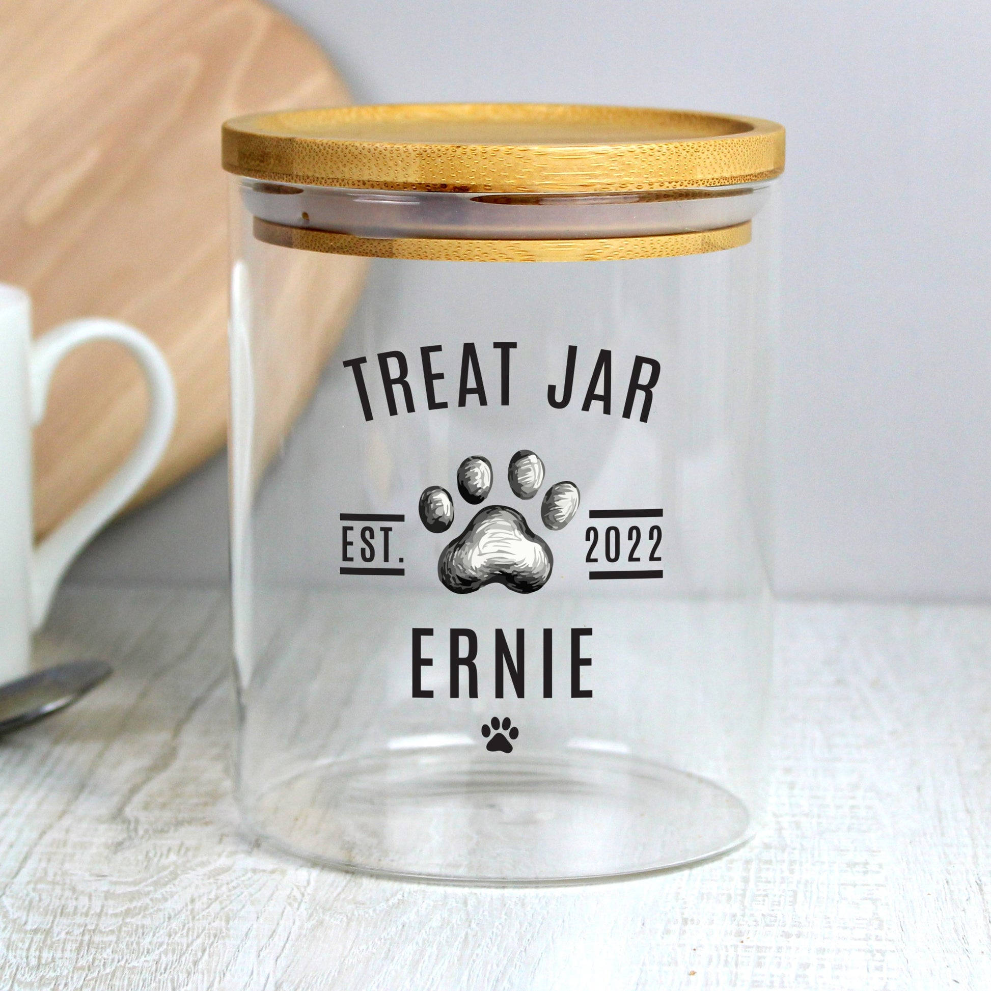 Glass personalised pet Treat Jar with Bamboo lid By Sweetlea Gifts