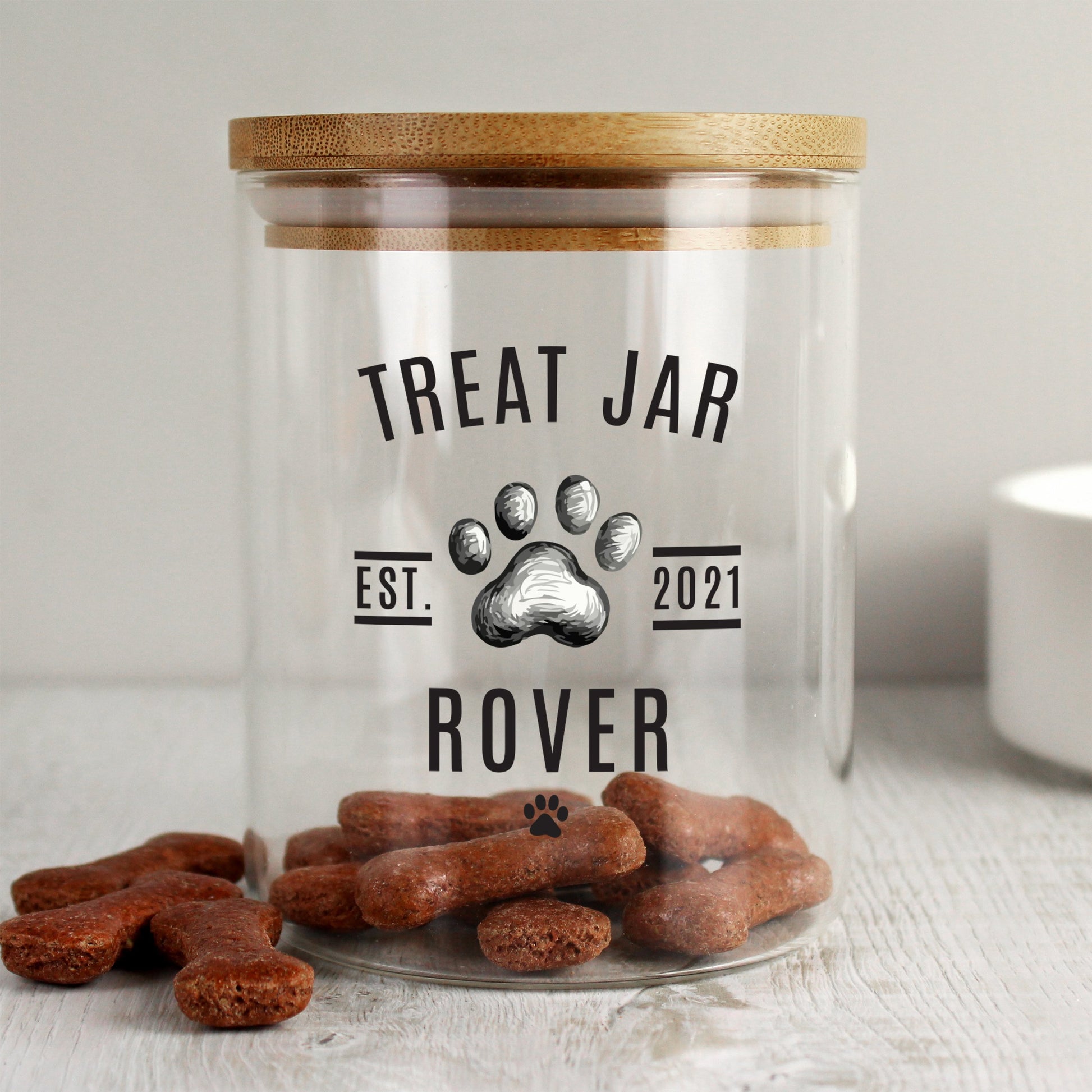 Glass personalised pet Treat Jar with Bamboo lid By Sweetlea Gifts