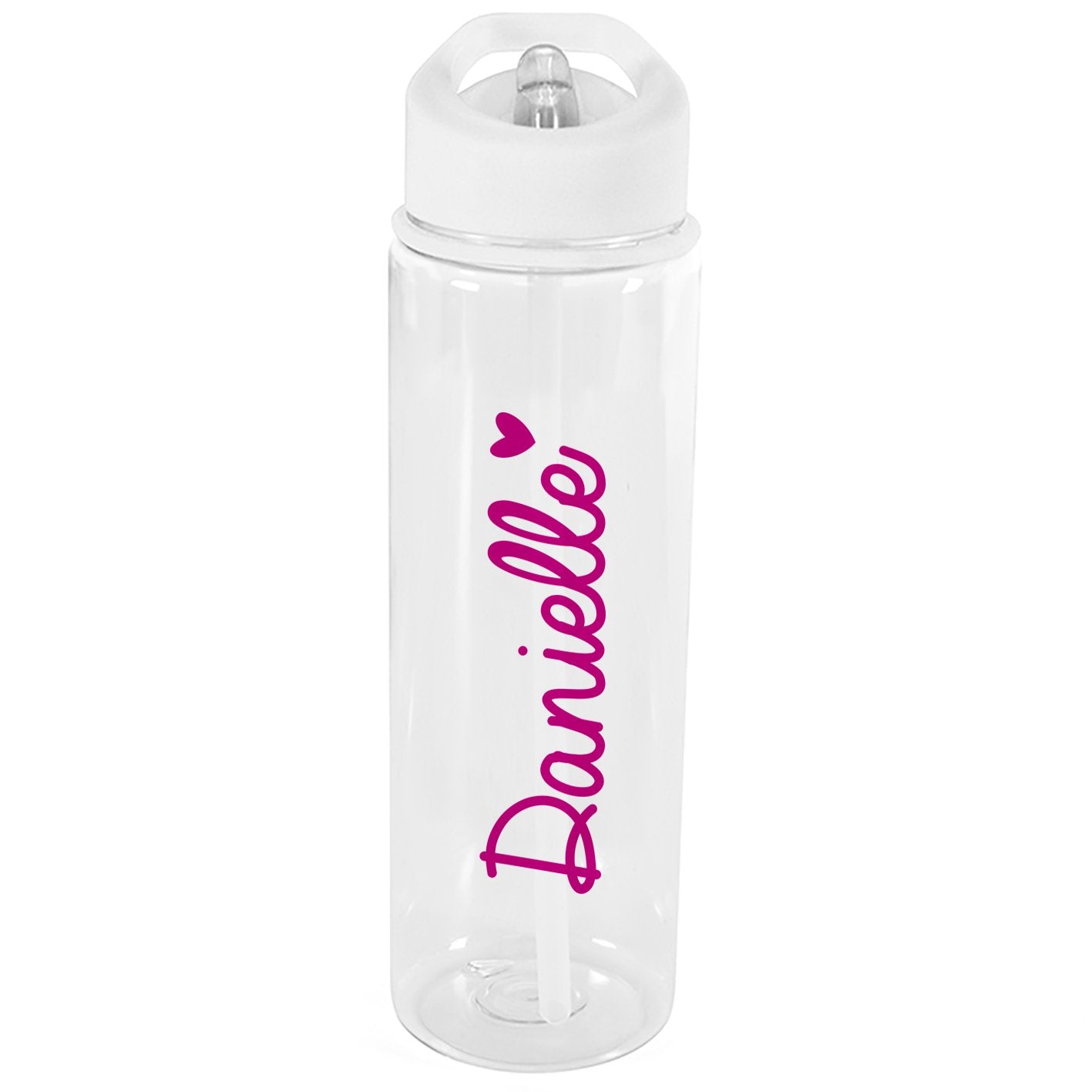 Personalised Pink text and heart white top plastic water bottle By Sweetlea Gifts