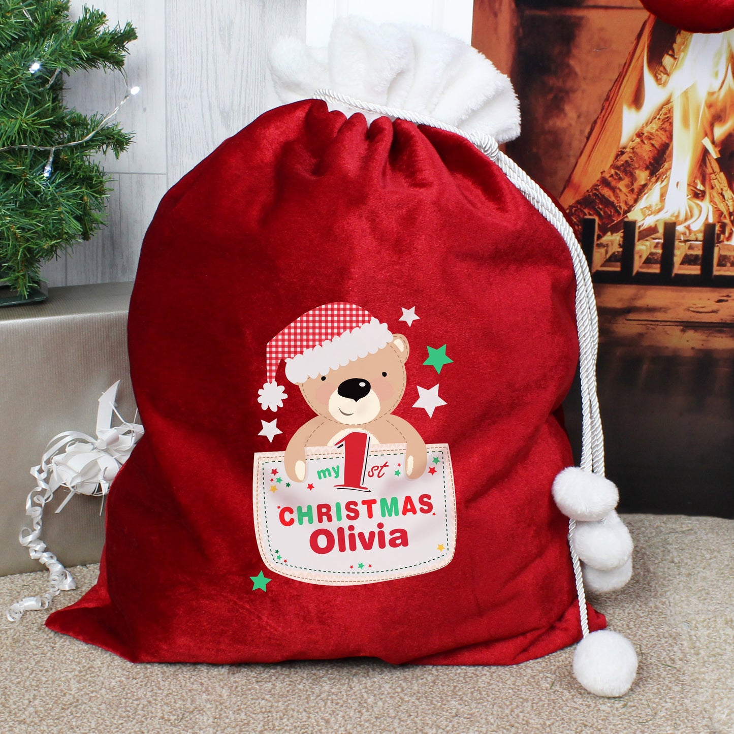 Pocket Teddy My 1st Christmas Luxury Pom Pom Sack-Personalised Gift By Sweetlea Gifts