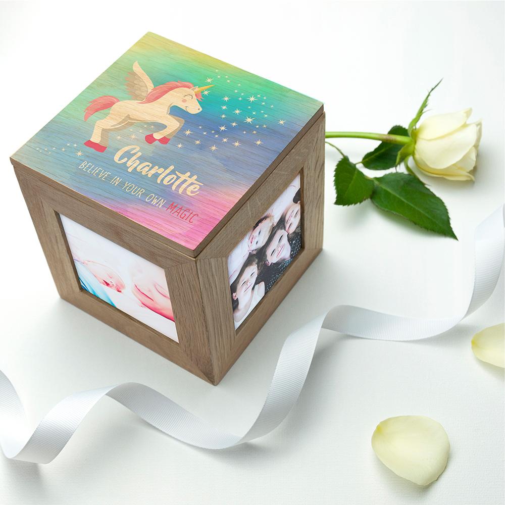 Rainbow Background Baby Unicorn Photo Cube Personalised-Personalised Gift By Sweetlea Gifts