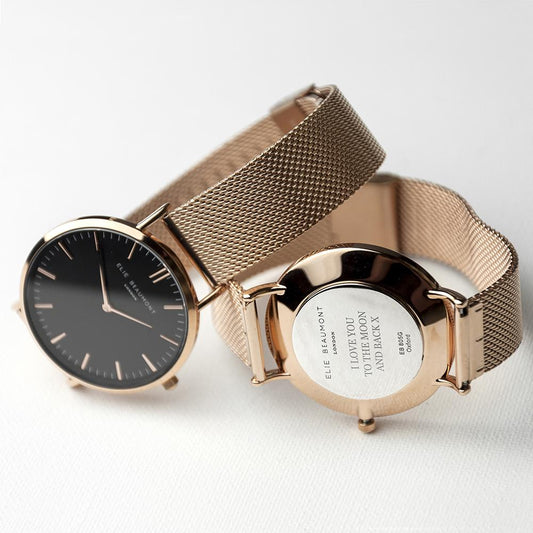 Ladies Personalised Rose Gold watch with Black face By Sweetlea Gifts