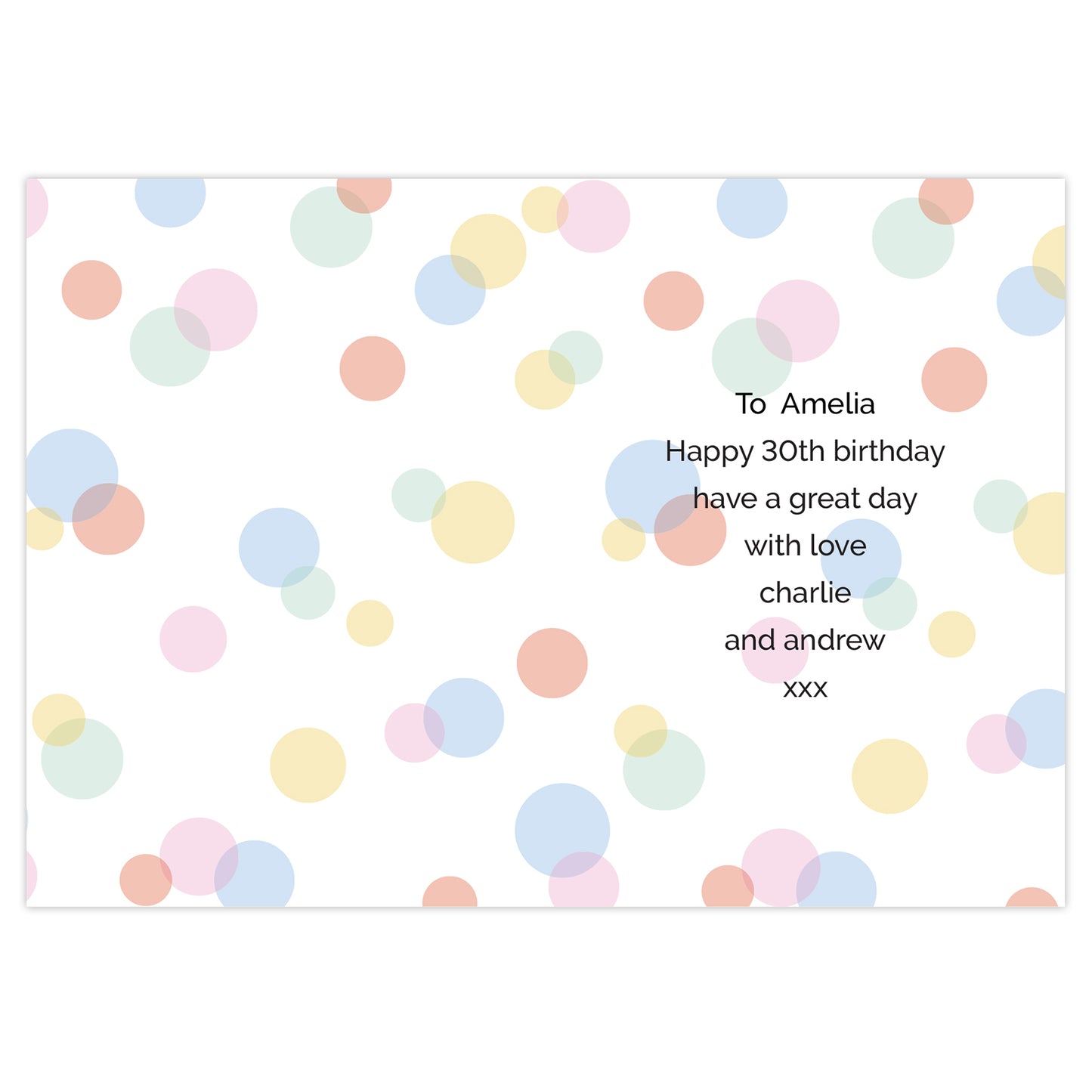 Displaying inside of birthday card with multi colour dots and personalised message By Sweetlea Gifts